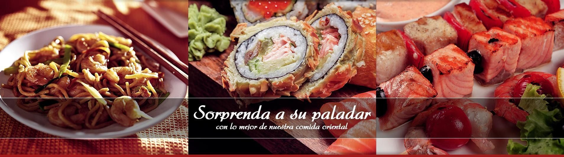Diversos platos asiáticos: fideos, rollitos de sushi y salmón, con toques rojos.