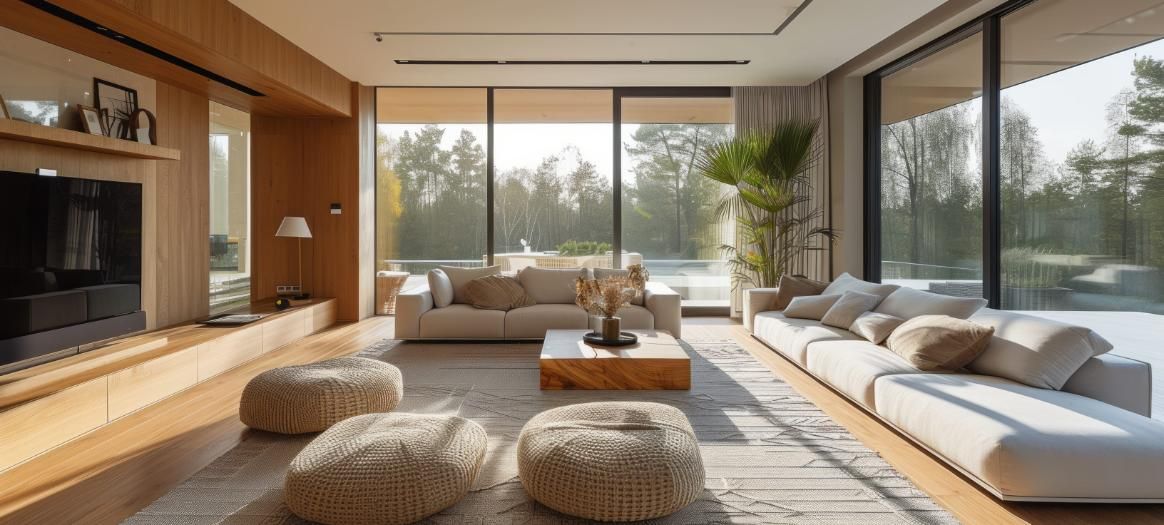 Sala de estar moderna con ventanales del suelo al techo, sofá modular beige, chimenea y detalles en madera natural.