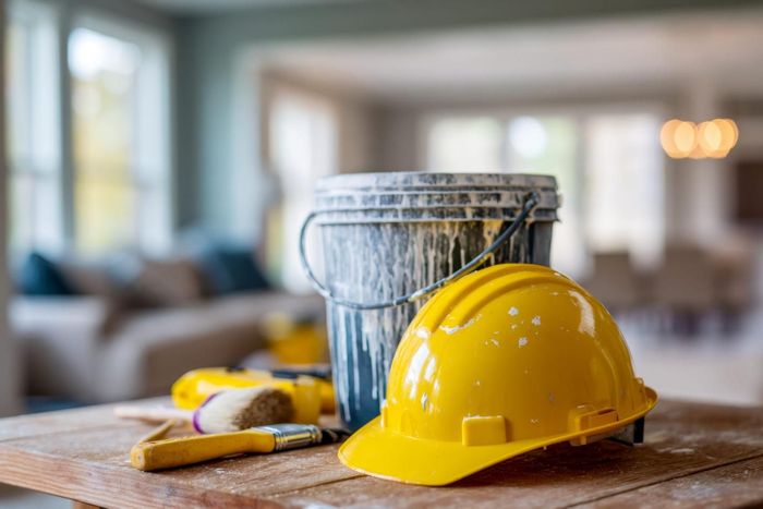 Casco amarillo, pinceles y un cubo sobre una mesa de madera en una escena borrosa de la reforma de una sala de estar.