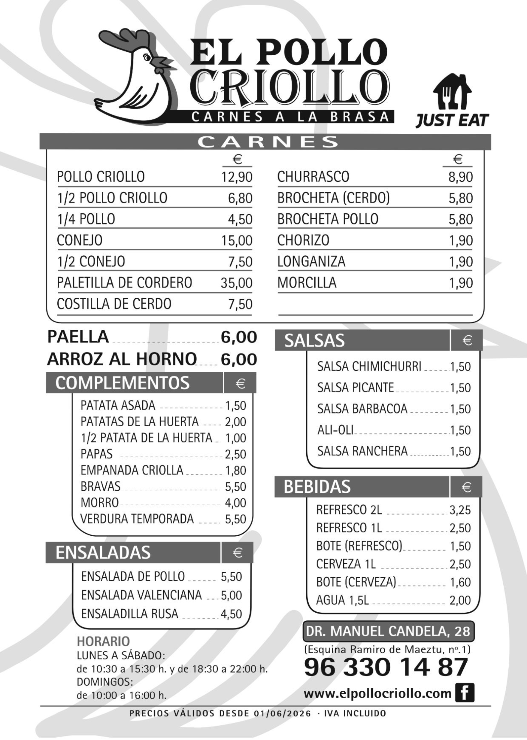 Un menú de un restaurante en español muestra una variedad de carnes y salsas.