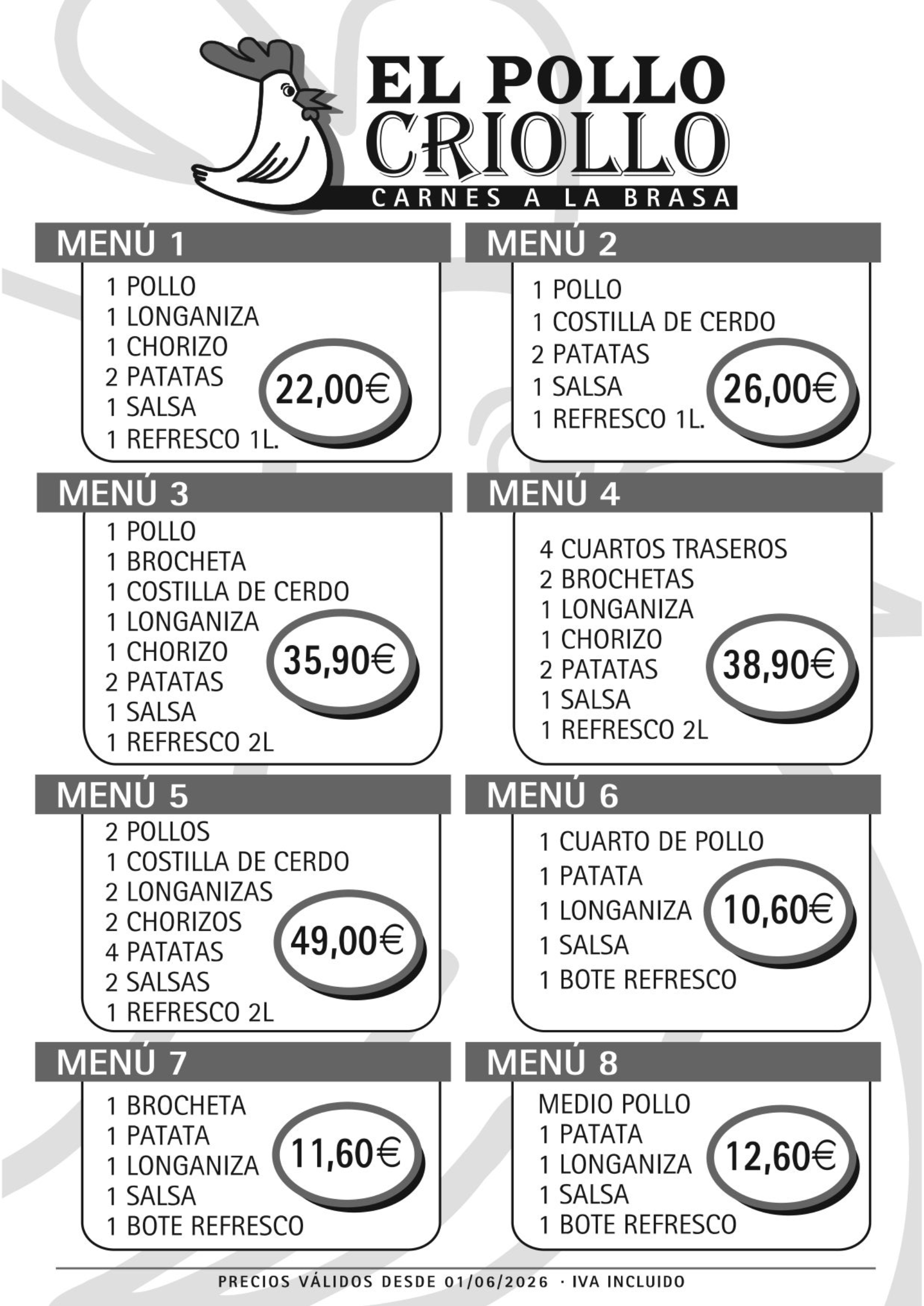 Un menú para un restaurante en español con precios.