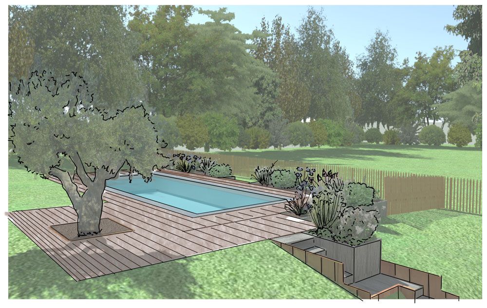 Plan d'herboratum sur une photo pour l'aménagement d'une terrasse