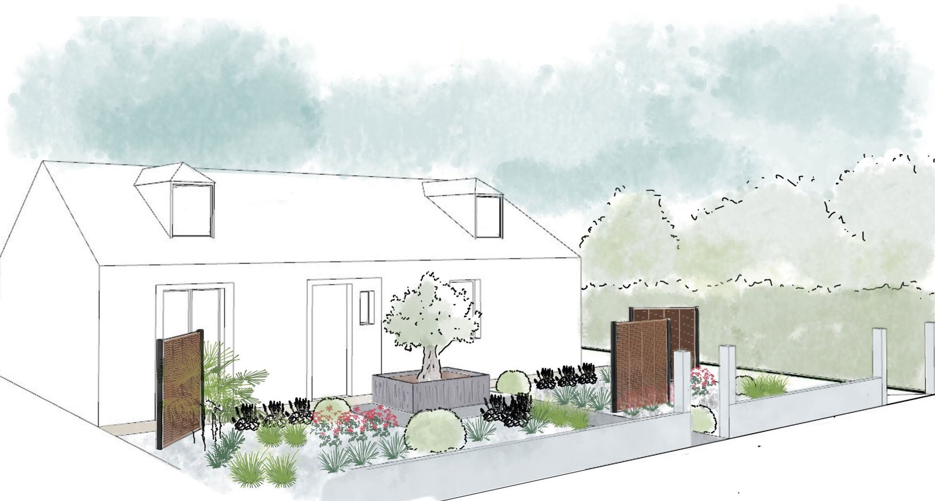 Plan sur photo d'Herboratum avec aménagement devant maison