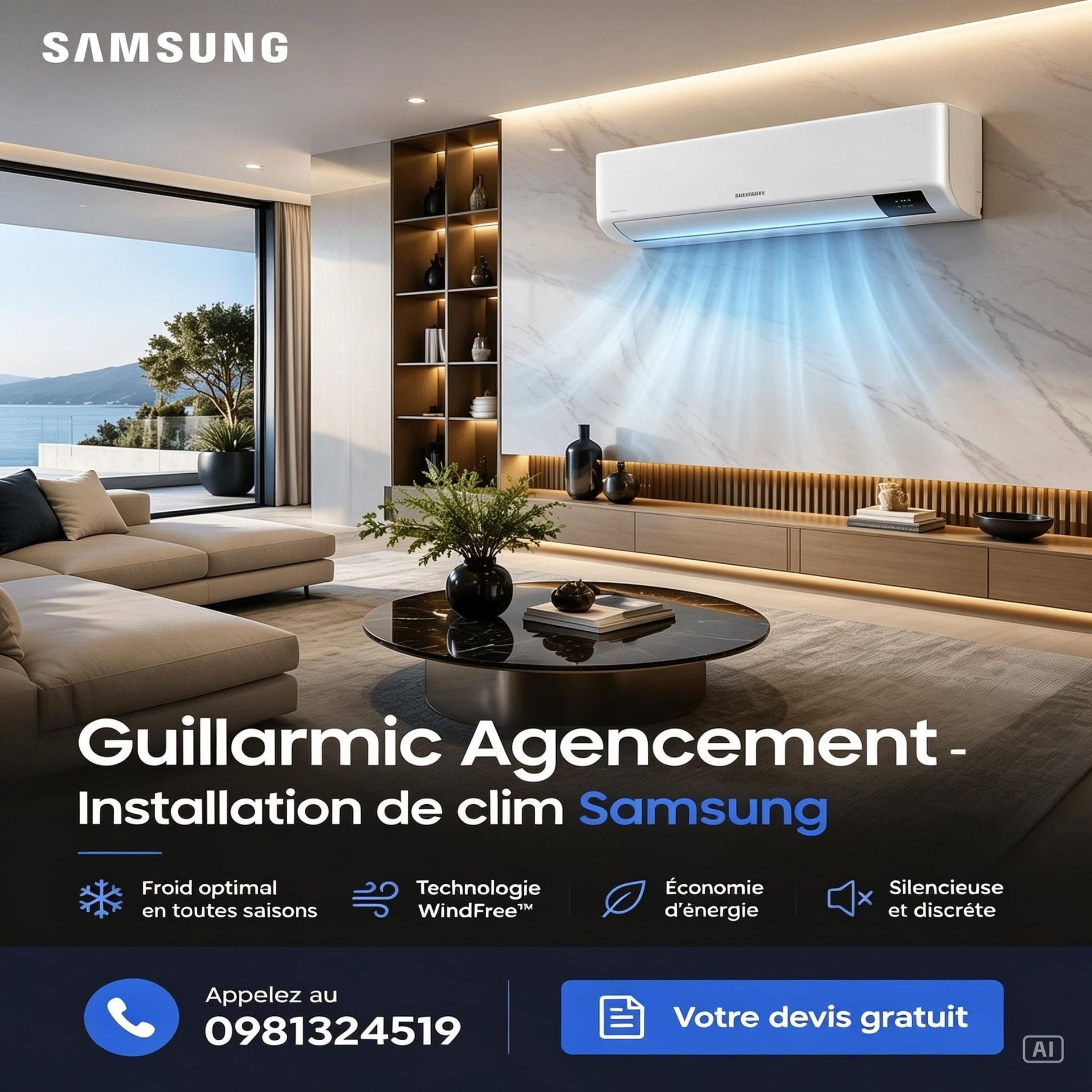 Salon avec climatiseur mural Samsung rafraîchissant l'intérieur d'une maison côtière moderne