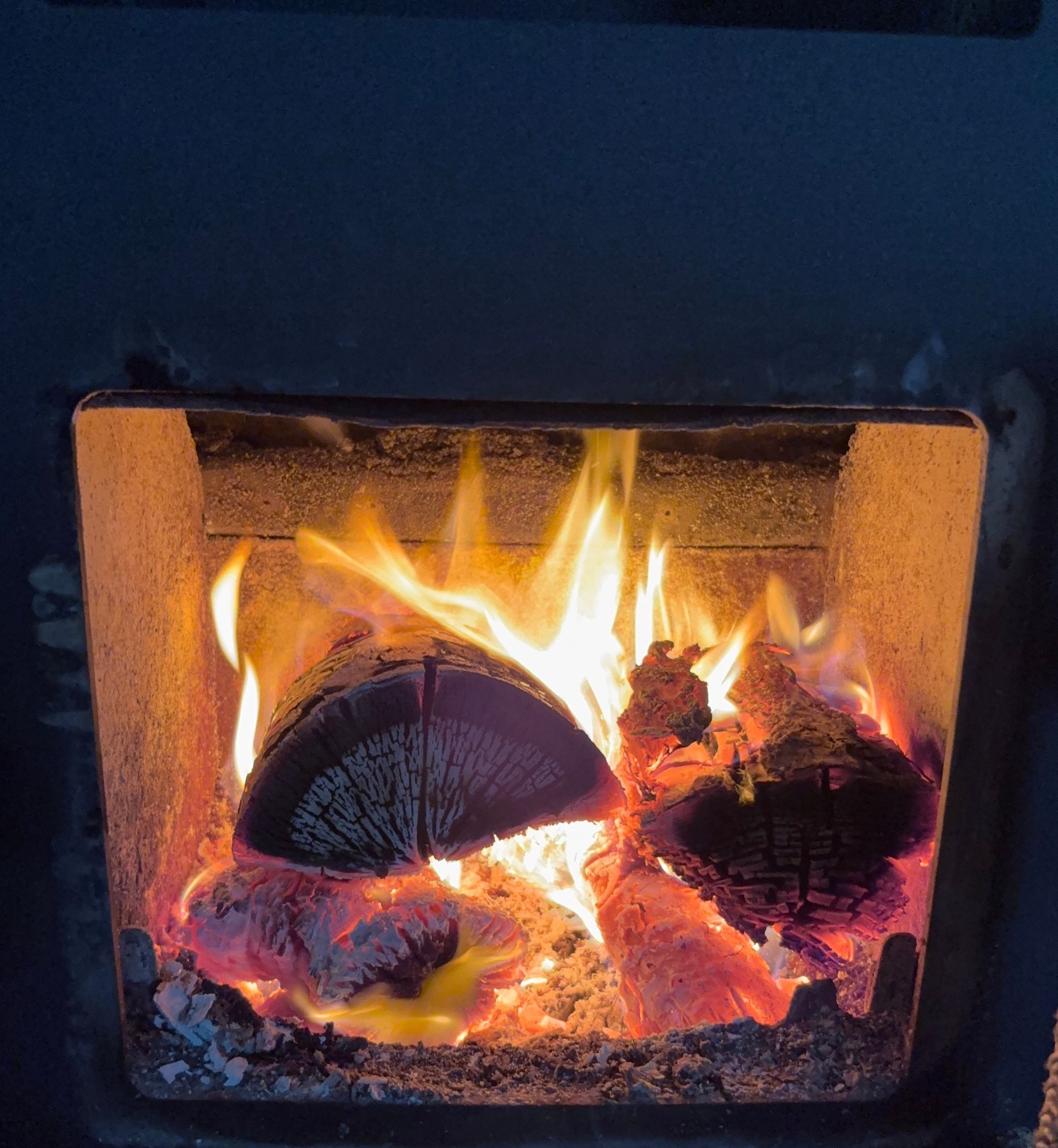 Foyer d’un poêle à bois avec bûches en combustion diffusant une chaleur agréable.