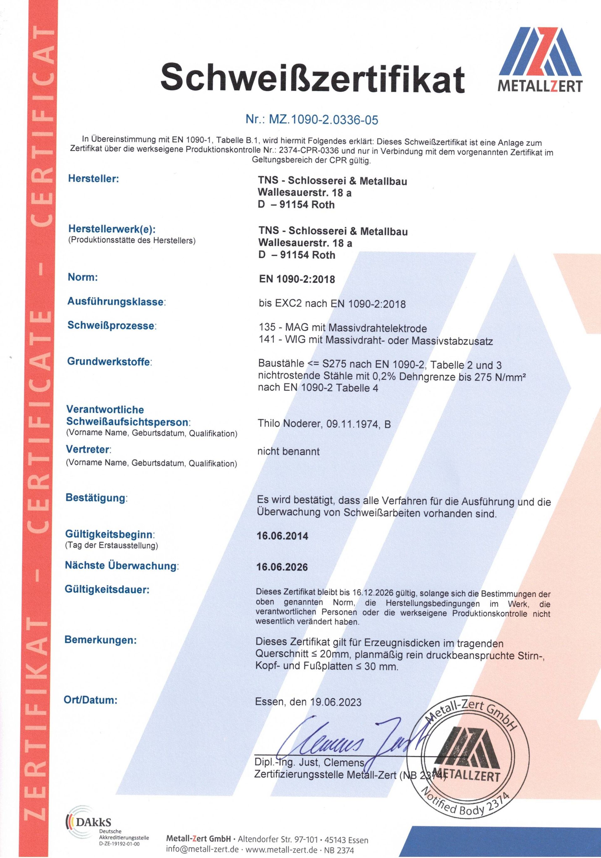 Schweißzertifikat von METALLZERT