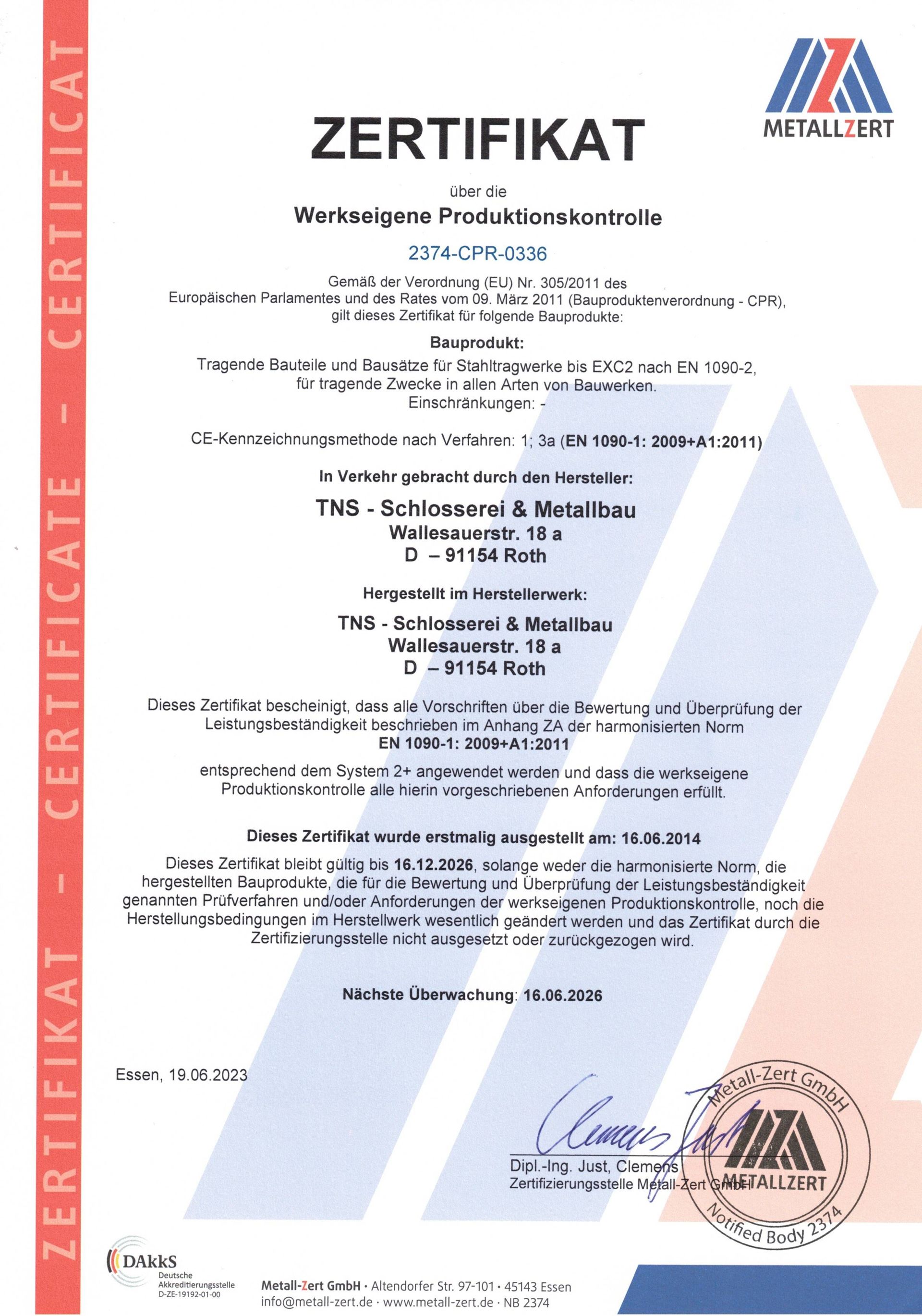 Zertifikat über die Werkseigene Produktionskontrolle von METALLZERT