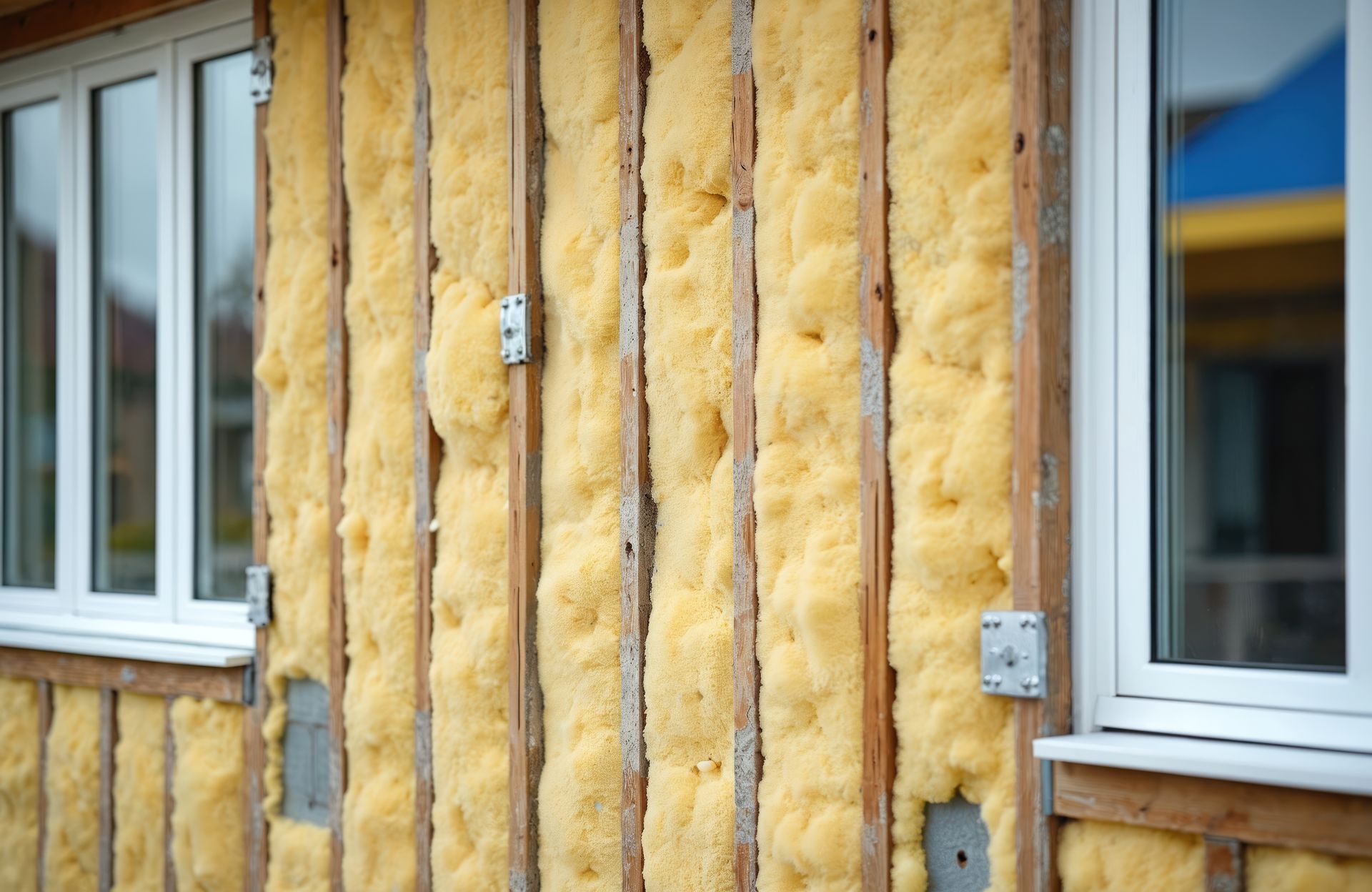 Mur extérieur laissant apparaître des montants en bois remplis d'isolant en mousse.