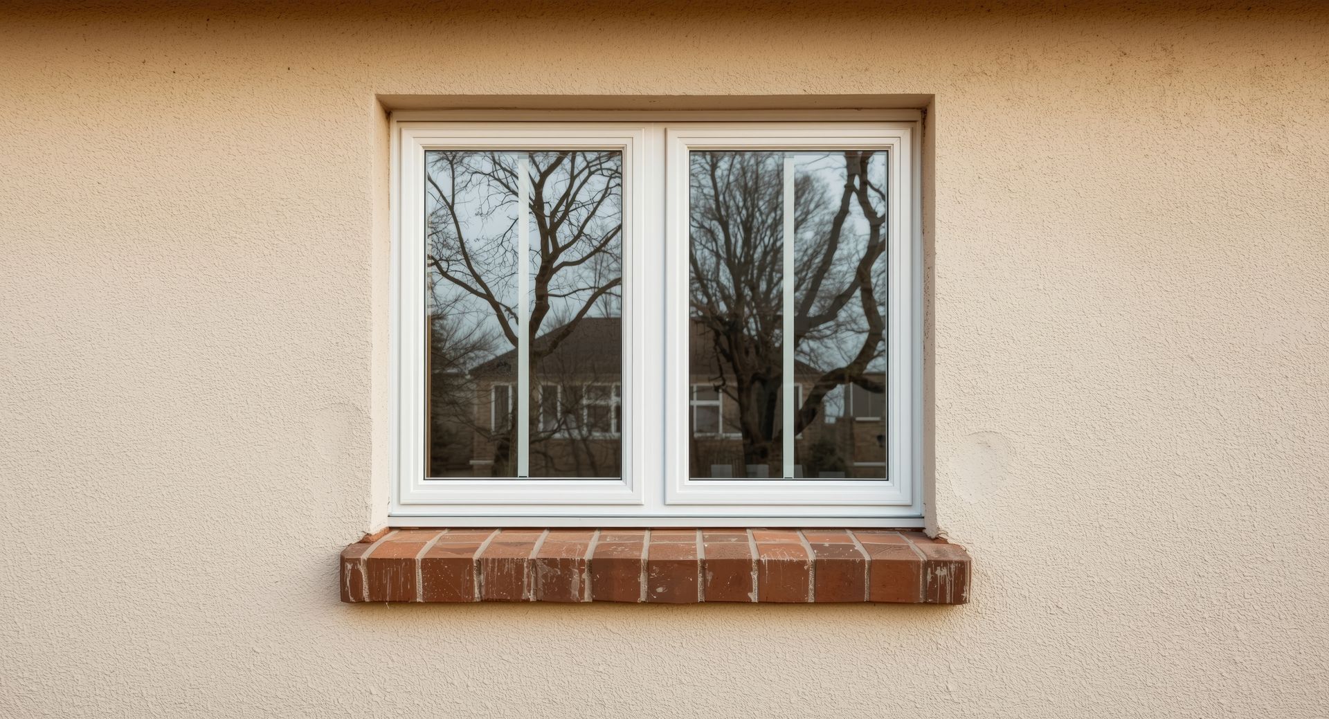 Une fenêtre blanche à double vitrage encastrée dans un mur en stuc beige.