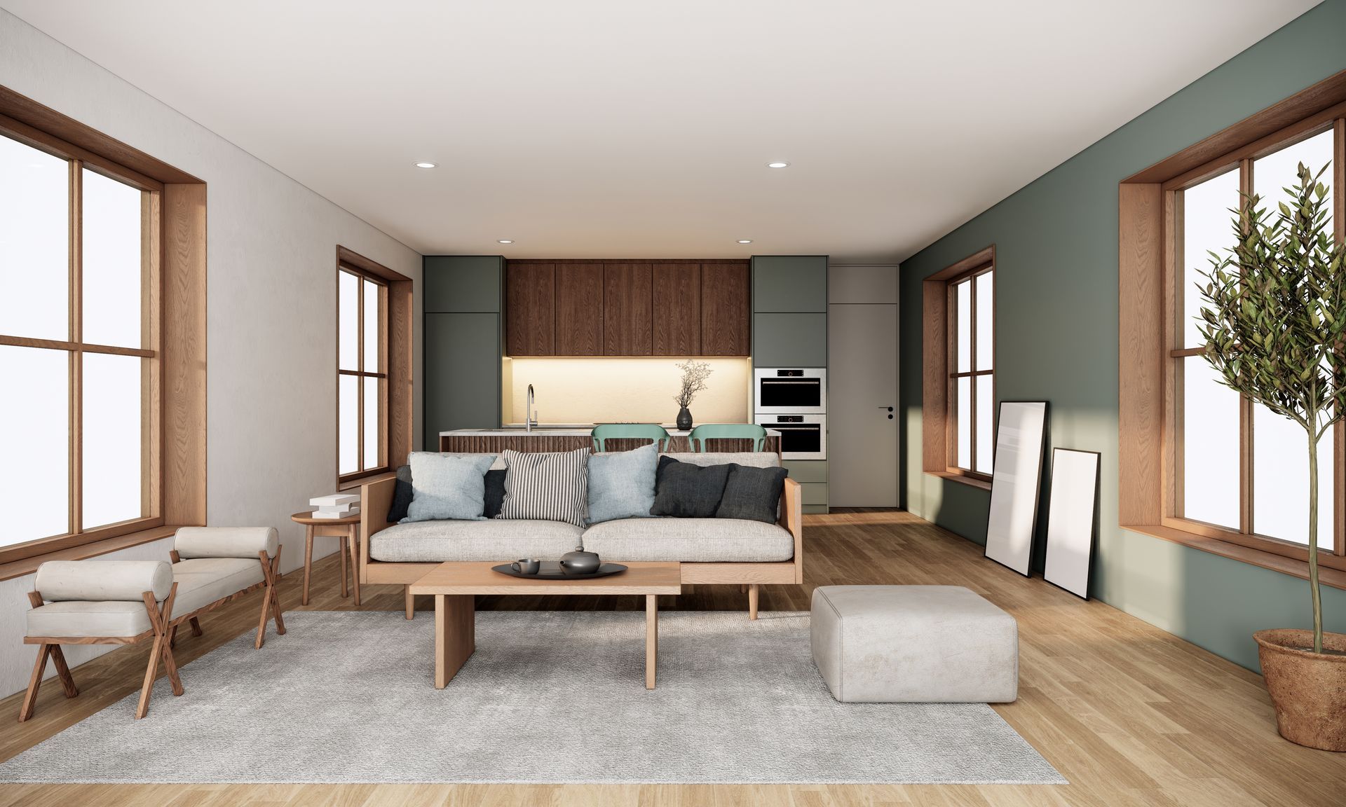 Un salon moderne avec un canapé aux tons neutres, un tapis, une table basse en bois et une cuisine ouverte en arrière-plan.