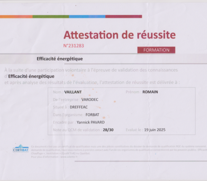 Certification de réussite d'une formation.