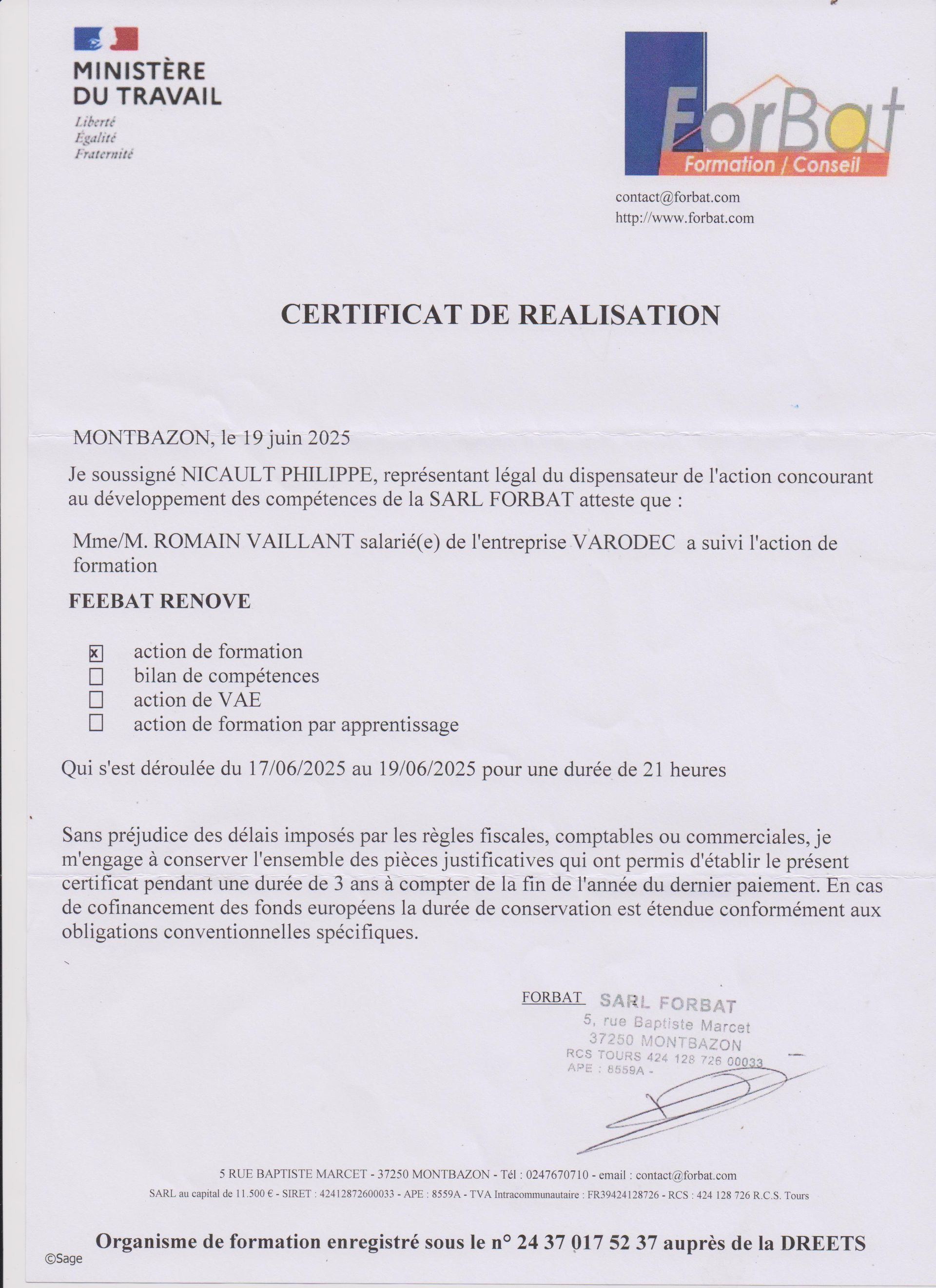Certificat de réalisation d'une formation.