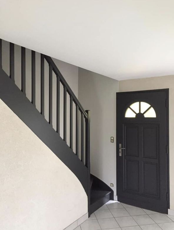 Un couloir avec un escalier gris foncé assorti à la porte d'entrée et des murs aux tons clairs et neutres.