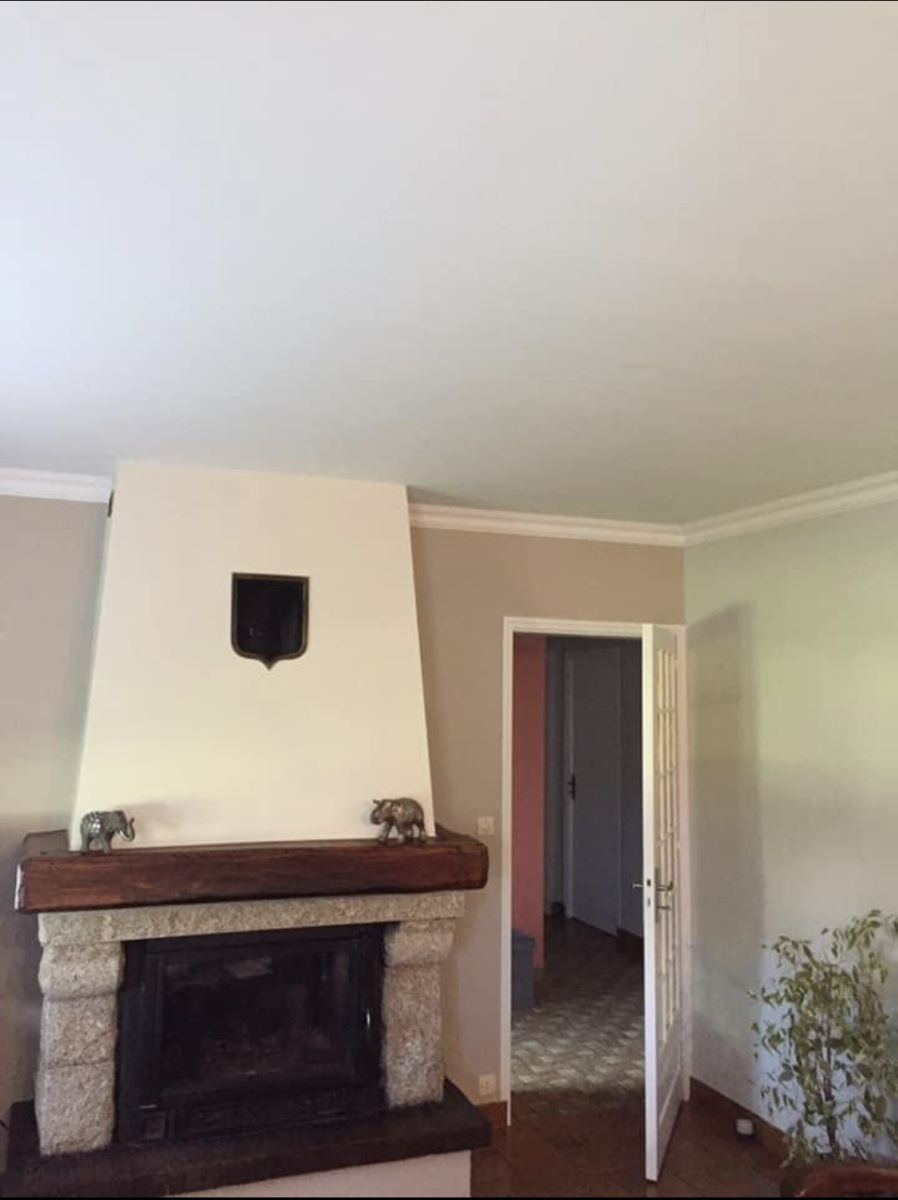 Une cheminée en pierre avec un conduit blanc conique dans une pièce comportant une porte donnant sur une autre zone.