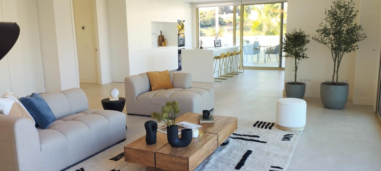 Bright modern living room with gray sofa, wood coffee table, rug, plants, and sliding glass doors to a patio