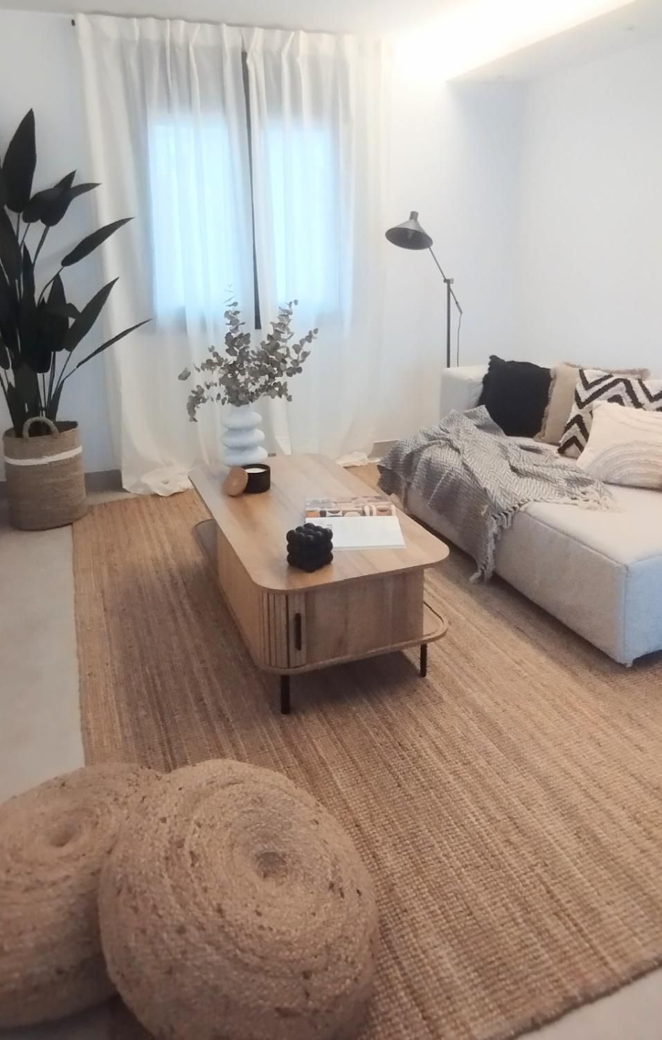 Acogedora sala de estar moderna con sofá beige, mesa de centro de madera, alfombra tejida, plantas y ventanas 