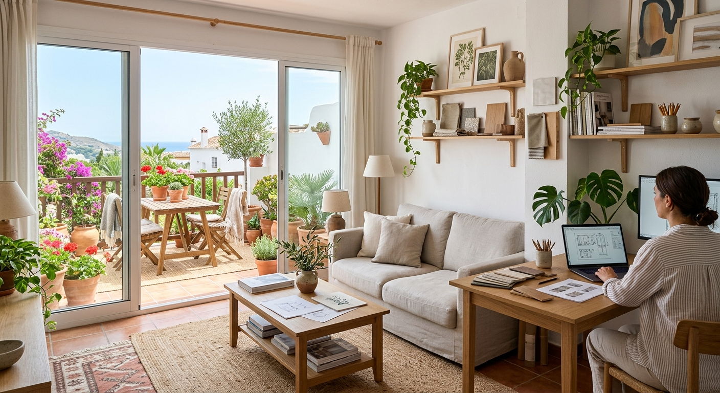 Luminoso salón con sofá, ordenador portátil, plantas y puertas abiertas que dan a una terraza soleada.