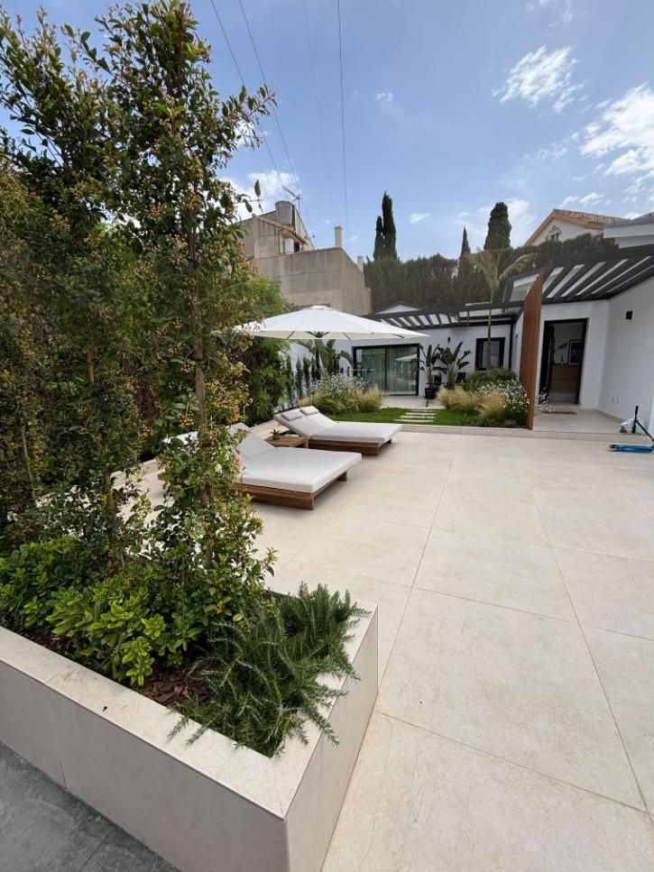 Patio moderno con tumbonas, sombrillas blancas y vegetación junto a un edificio bajo un cielo azul.