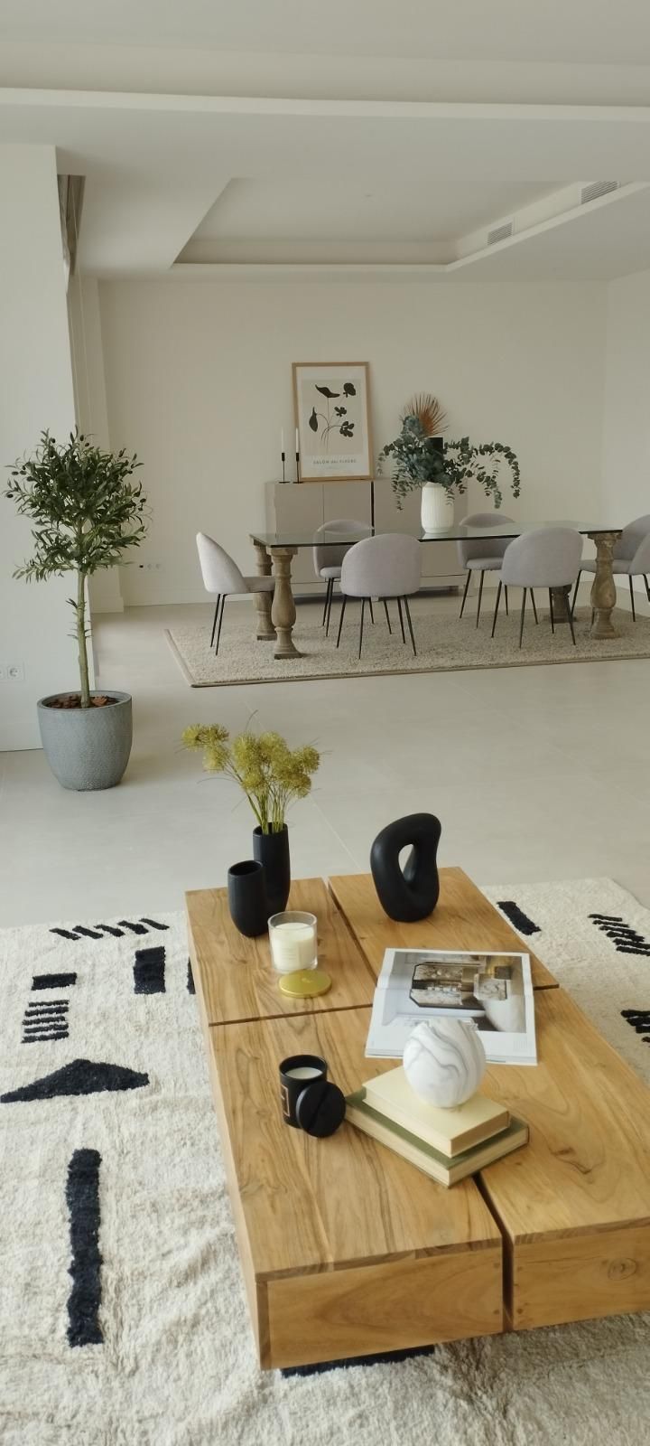 Salón-comedor luminoso y minimalista con mesa de centro de madera, sofá, mesa de comedor y plantas en macetas.