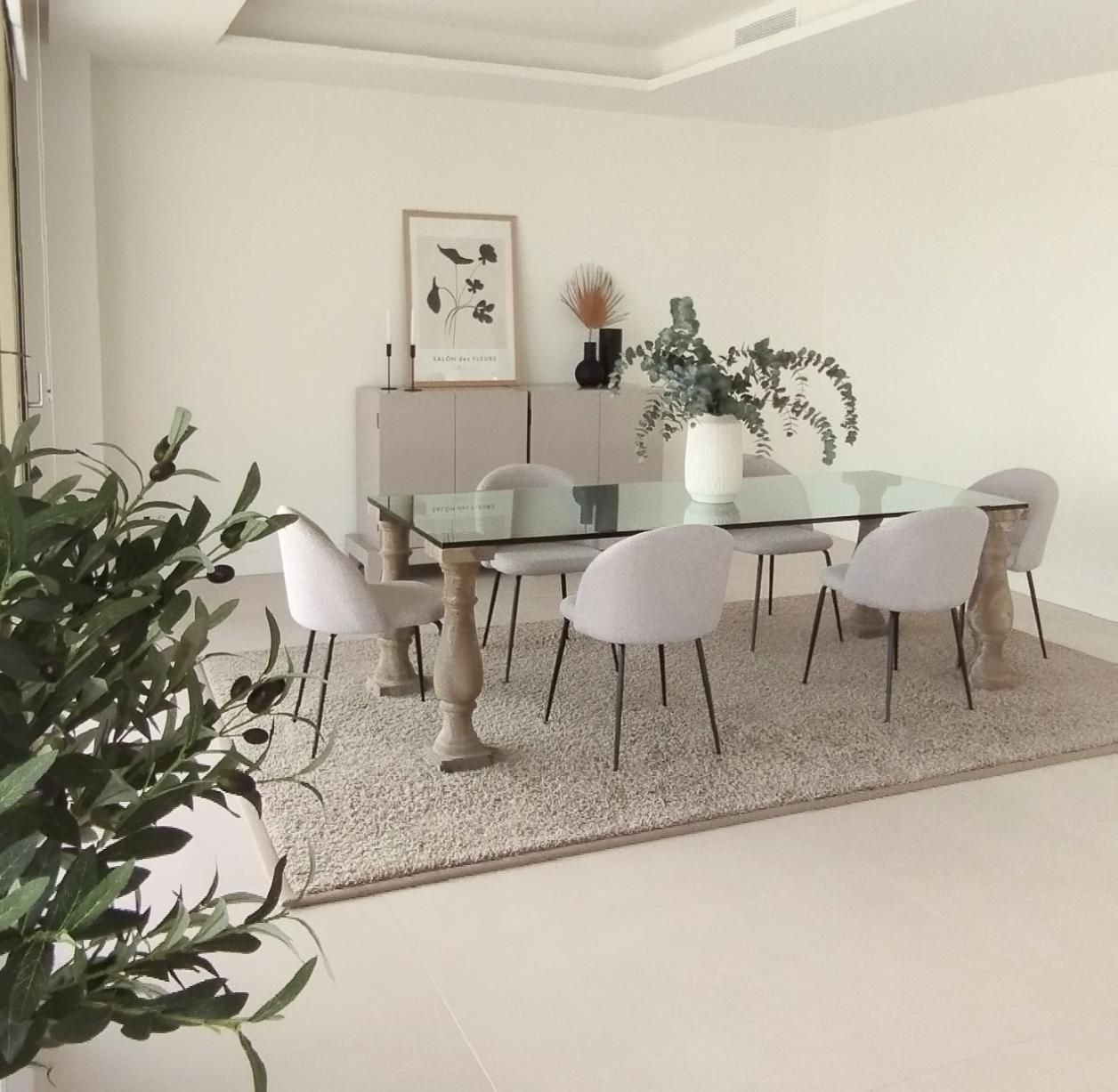 Comedor moderno con mesa de cristal, sillas blancas, alfombra y plantas verdes en un interior luminoso y minimalista.