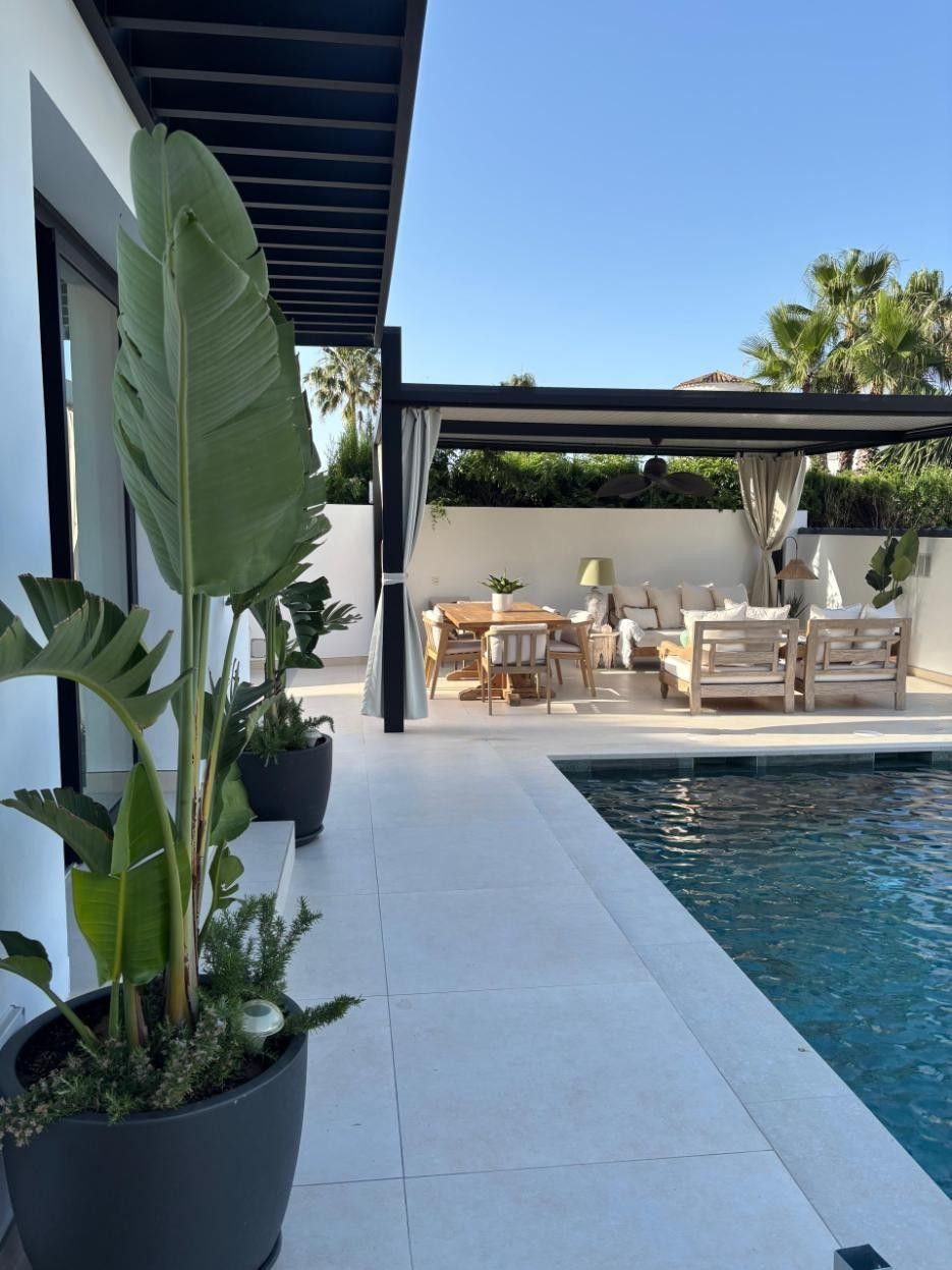Patio moderno con piscina, tumbonas y plantas tropicales en macetas bajo una pérgola sombreada.