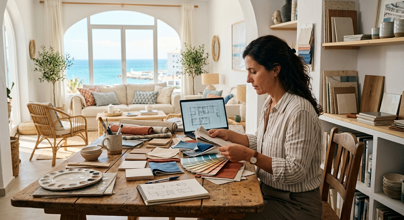 Mujer trabajando en una mesa de comedor con una tableta en una luminosa casa junto al mar.
