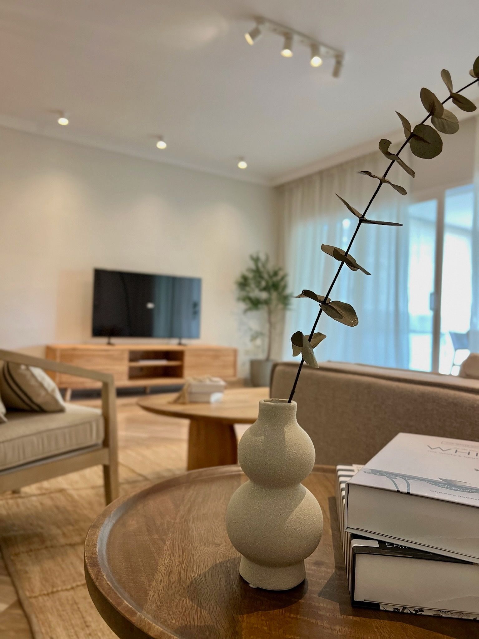 Sala de estar moderna con decoración neutra, televisor, sofá y un jarrón con una rama frondosa sobre una mesa de centro redonda.