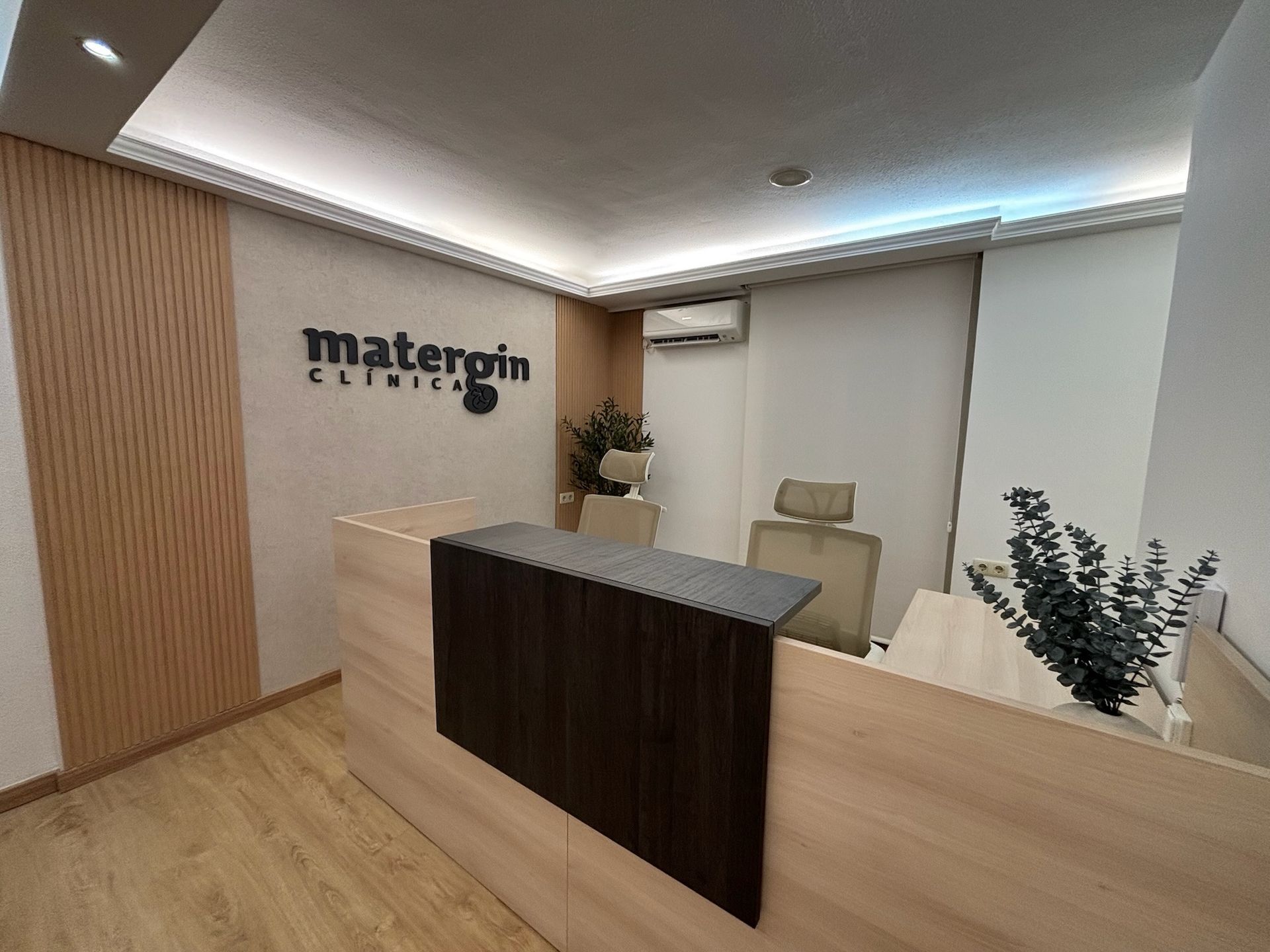 Mostrador de recepción de oficina moderno con paneles de madera, pared con logotipo, silla y plantas en macetas.