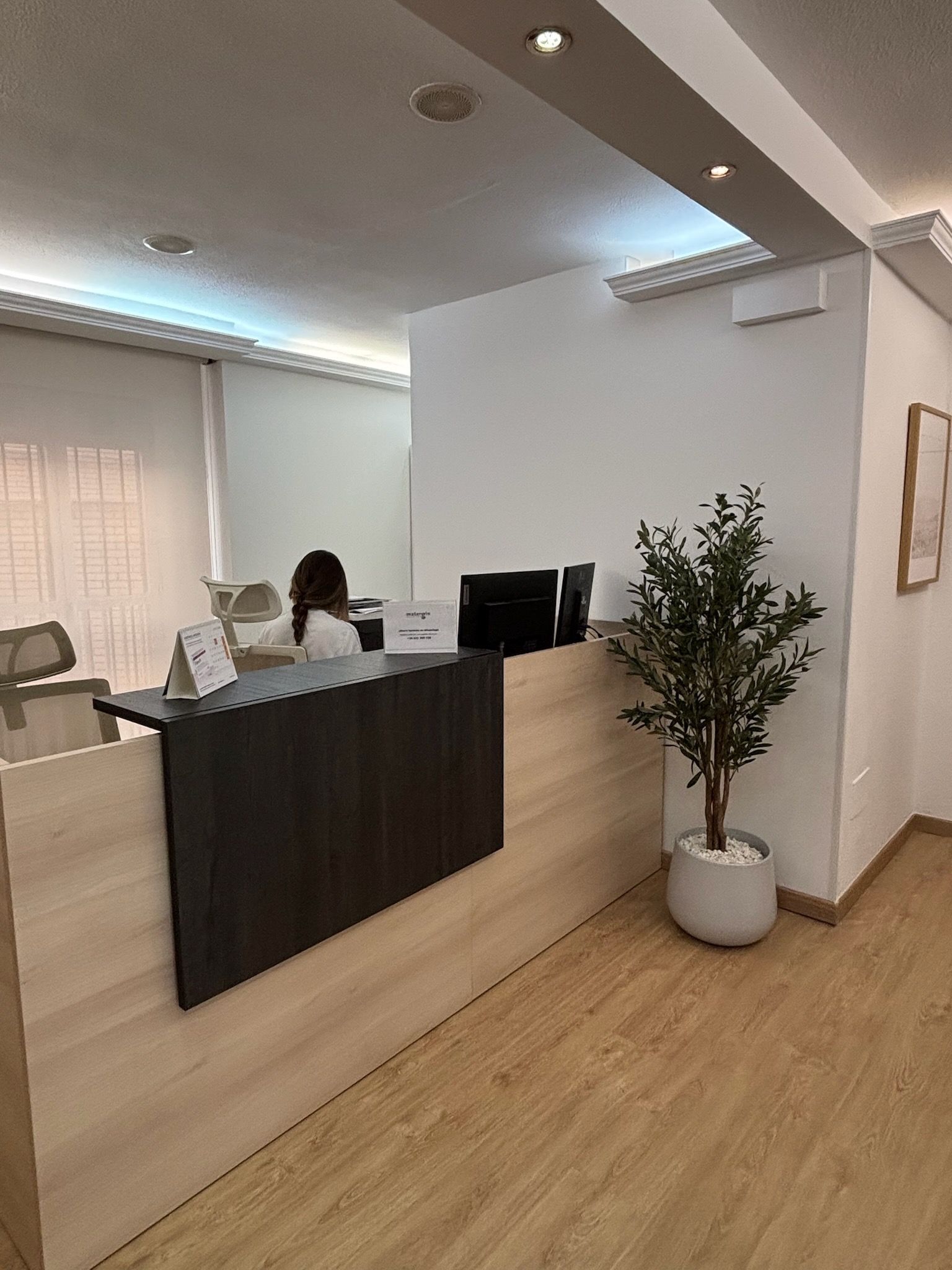 Mostrador de recepción moderno en un luminoso vestíbulo de oficina con una planta en maceta y suelo de madera.