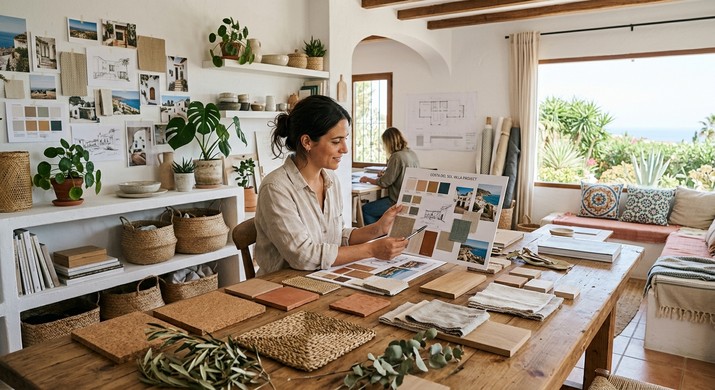 Una mujer coloca fotografías impresas y materiales para manualidades sobre una mesa en un estudio luminoso y acogedor.
