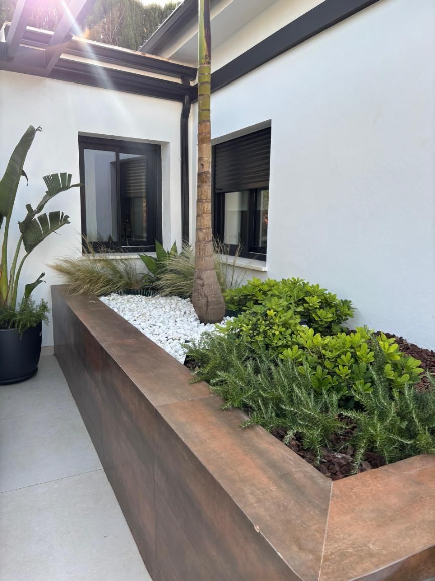 Patio moderno con jardineras de madera elevadas, guijarros blancos y arbustos verdes junto a una pared blanca.