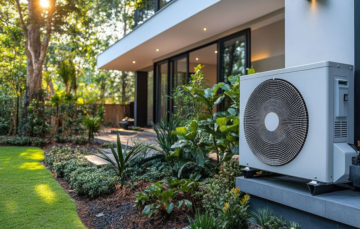 Une console extérieure de climatisation dans un jardin