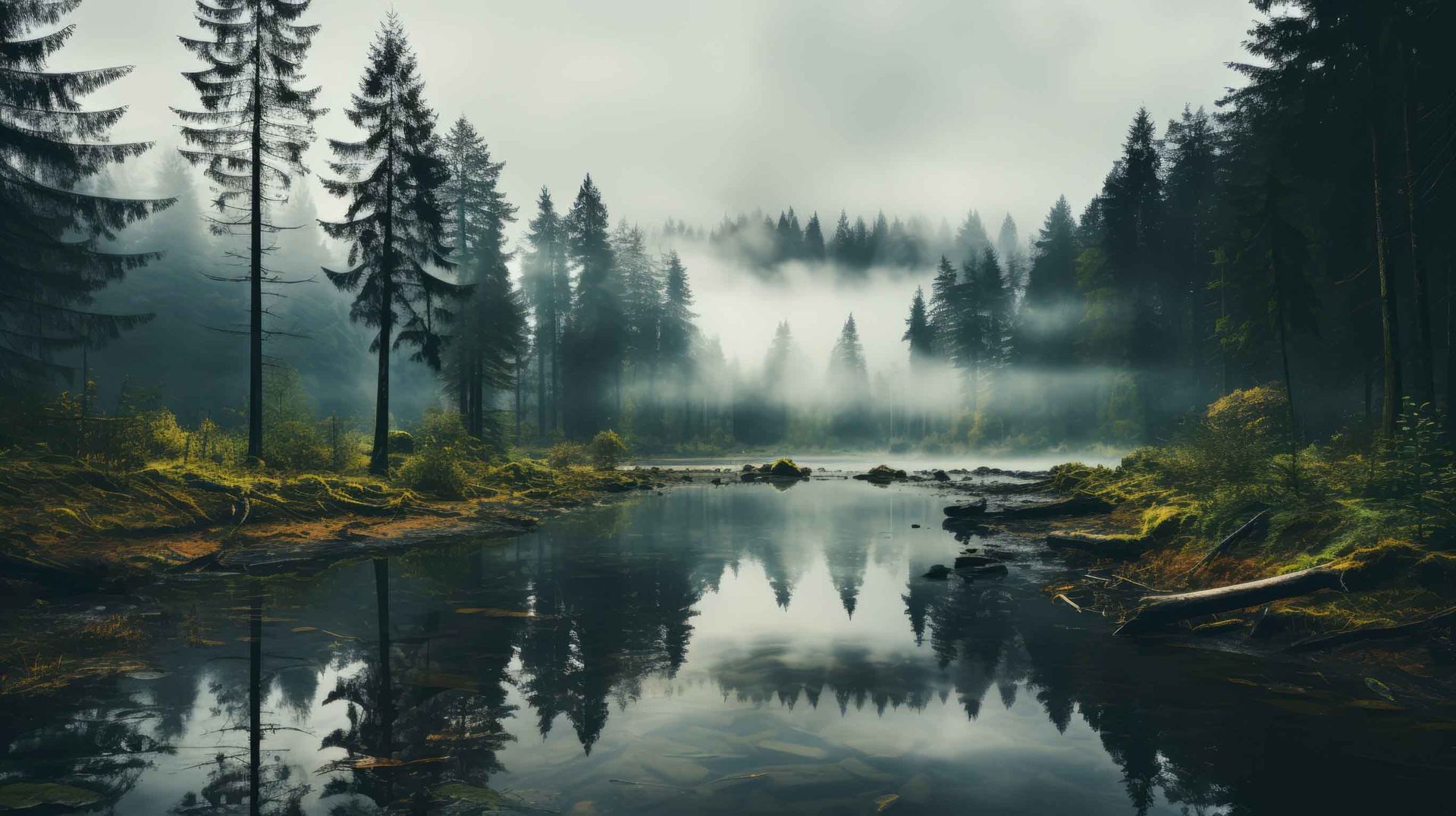 Escena de bosque brumoso reflejado en aguas tranquilas, árboles altos a ambos lados, cielo nublado.