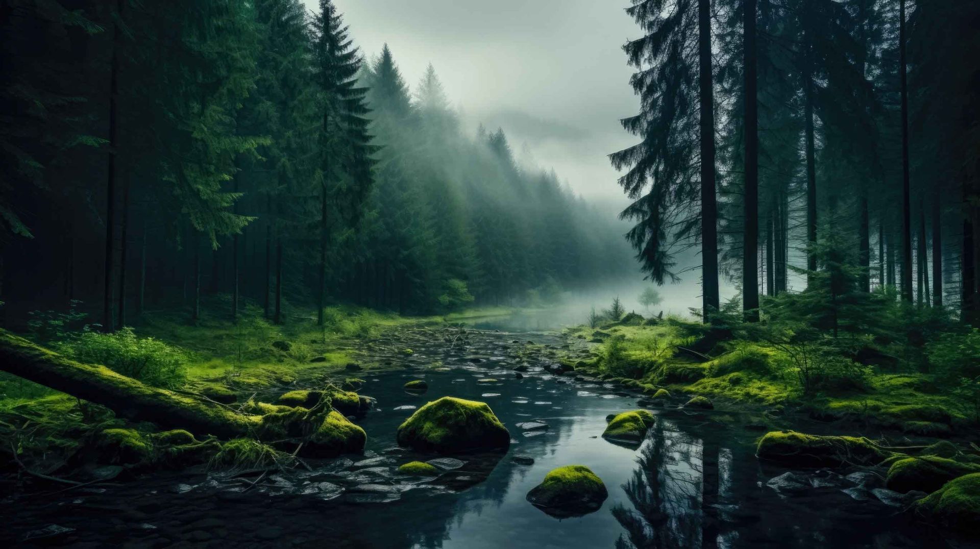Una escena de bosque brumoso con un arroyo, rocas cubiertas de musgo y altos árboles de hoja perenne.
