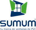 Un logotipo azul y verde para una empresa llamada sumum tu marca de ventanas de pvc.