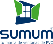 Un logotipo azul y verde para una empresa llamada sumum tu marca de ventanas de pvc.