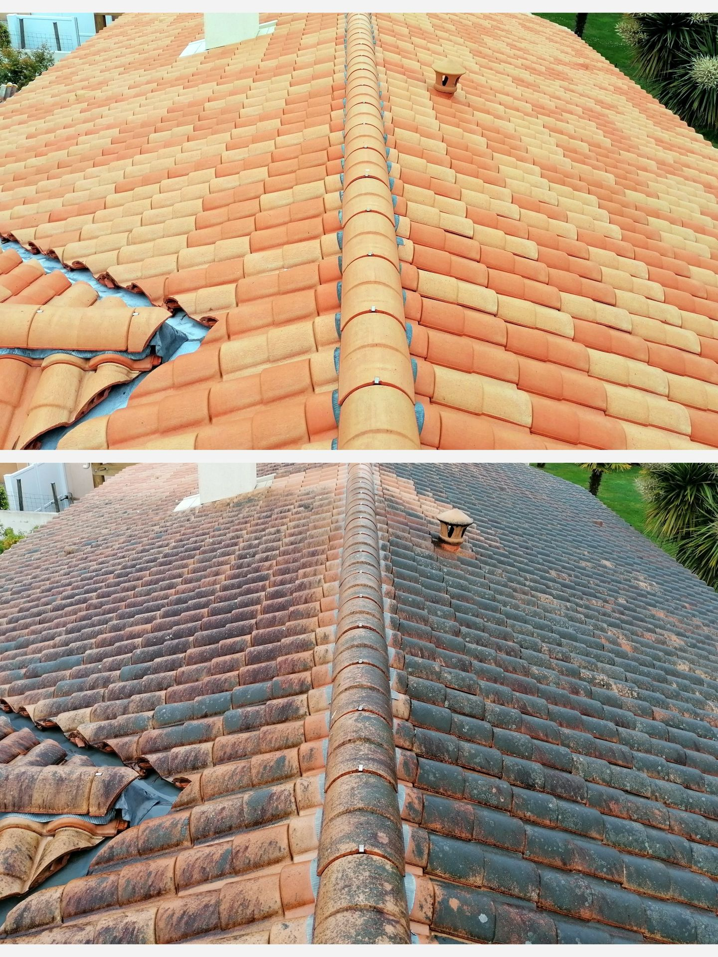 Une personne nettoie au jet d'eau un toit de tuiles orange sous un ciel bleu.
