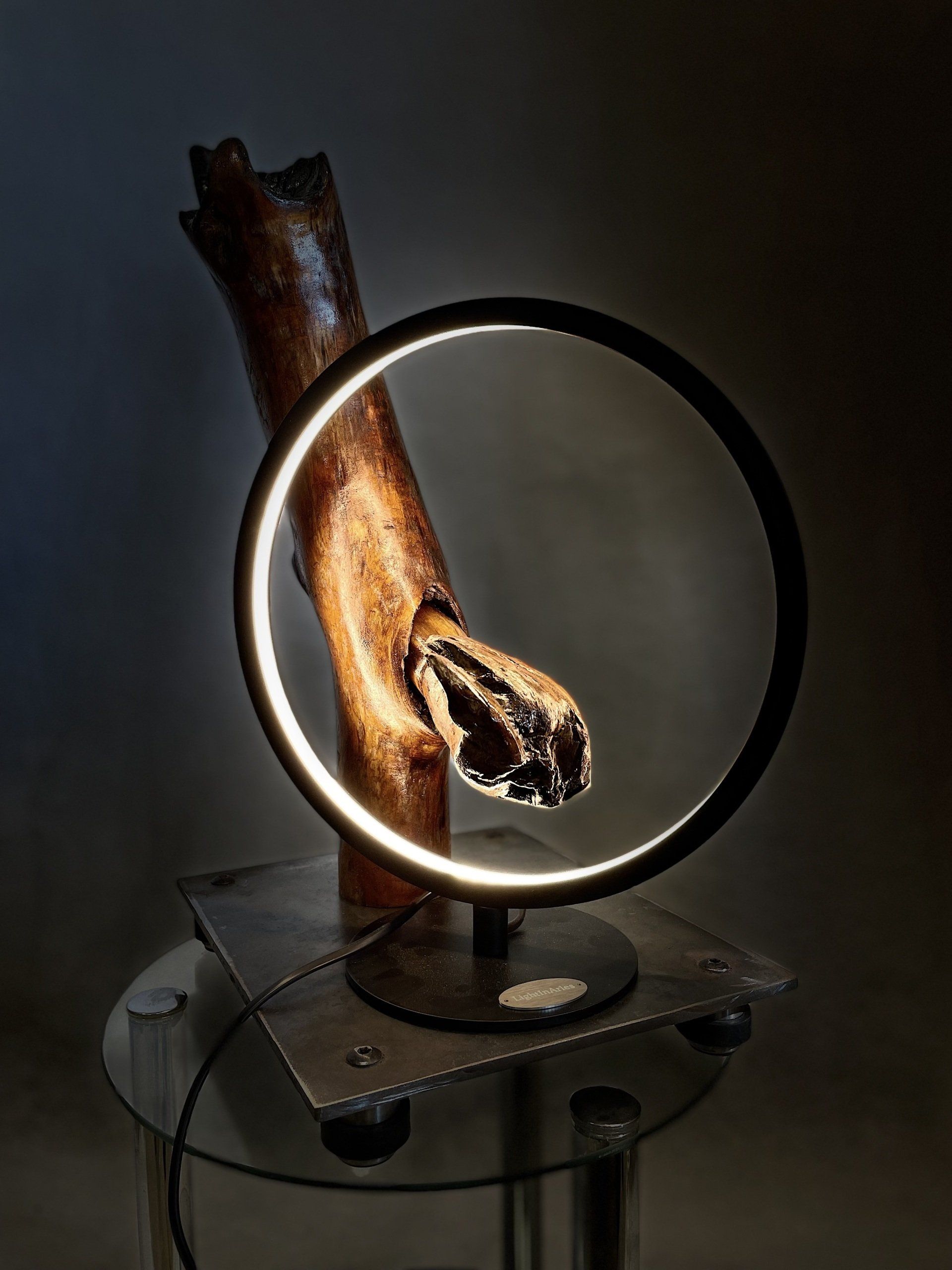 Luminaire circulaire autour d'une pièce de bois flotté poli.