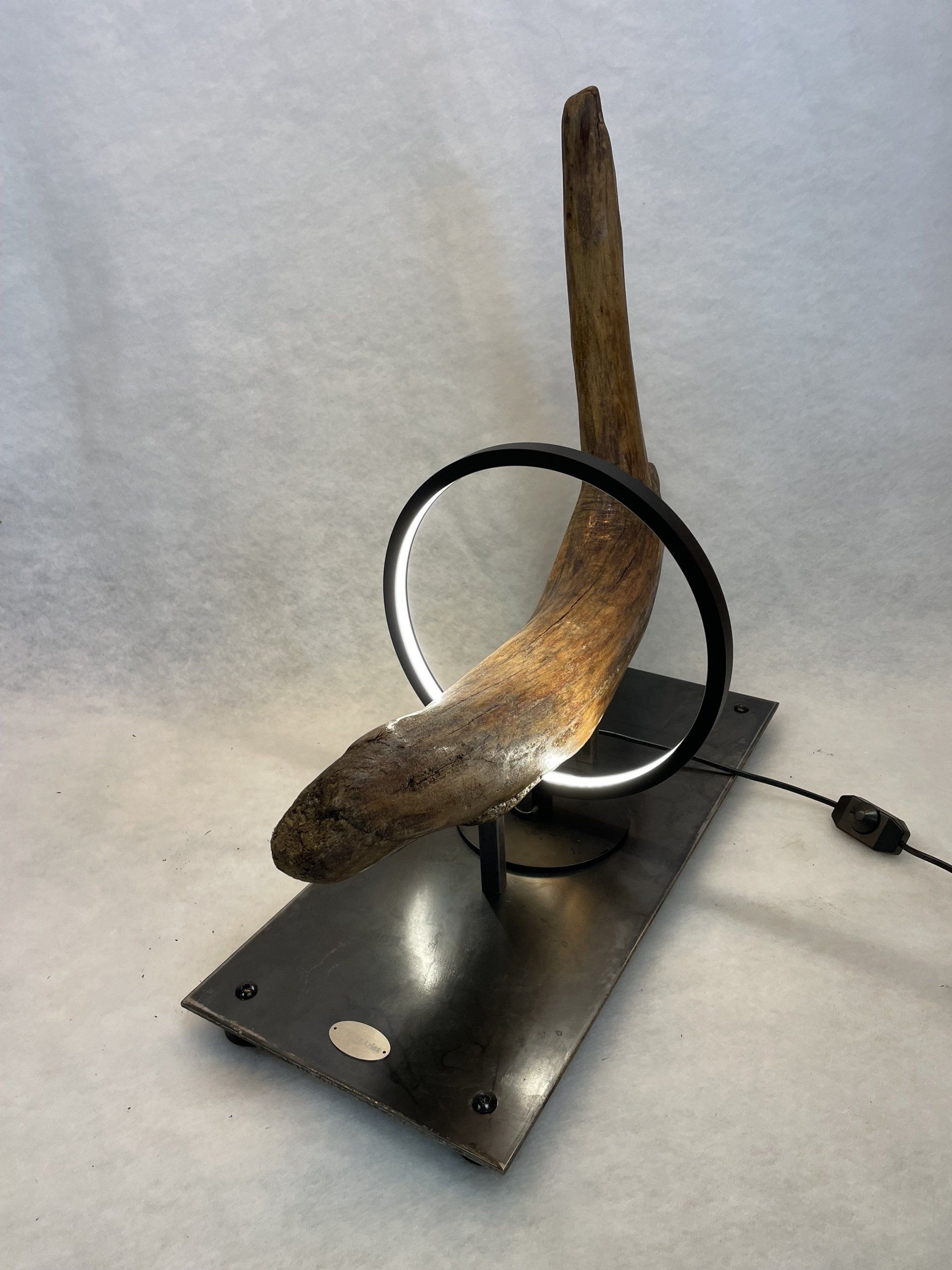 Bois flotté avec luminaire circulaire LED.