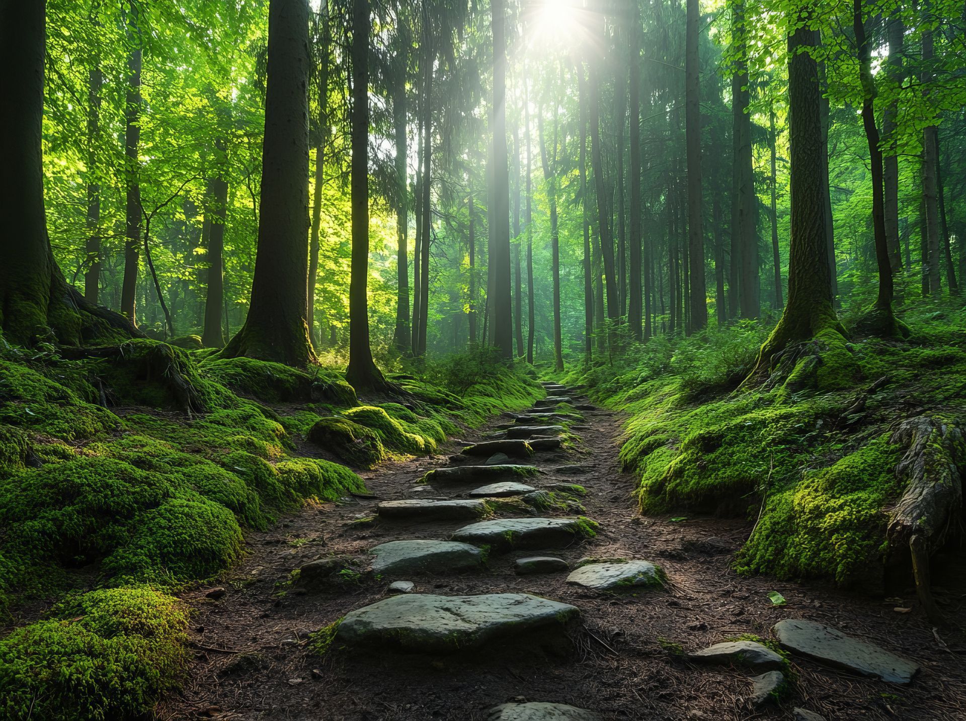 Un sentier de pierres traverse une forêt luxuriante et ensoleillée où la mousse d'un vert éclatant recouvre le sol et où se dressent de grands arbres sombres.