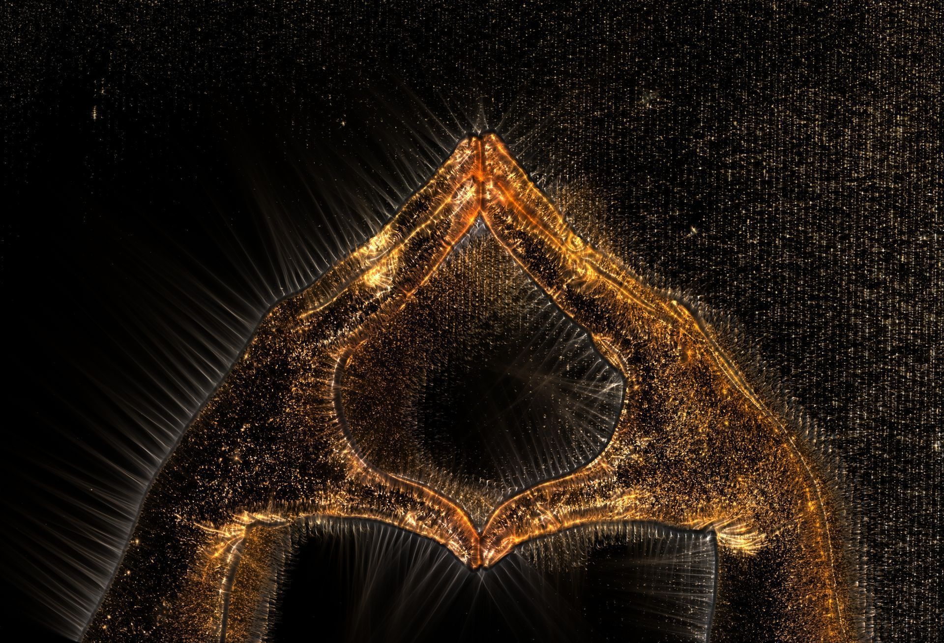 Deux mains scintillantes dans un ciel noir.