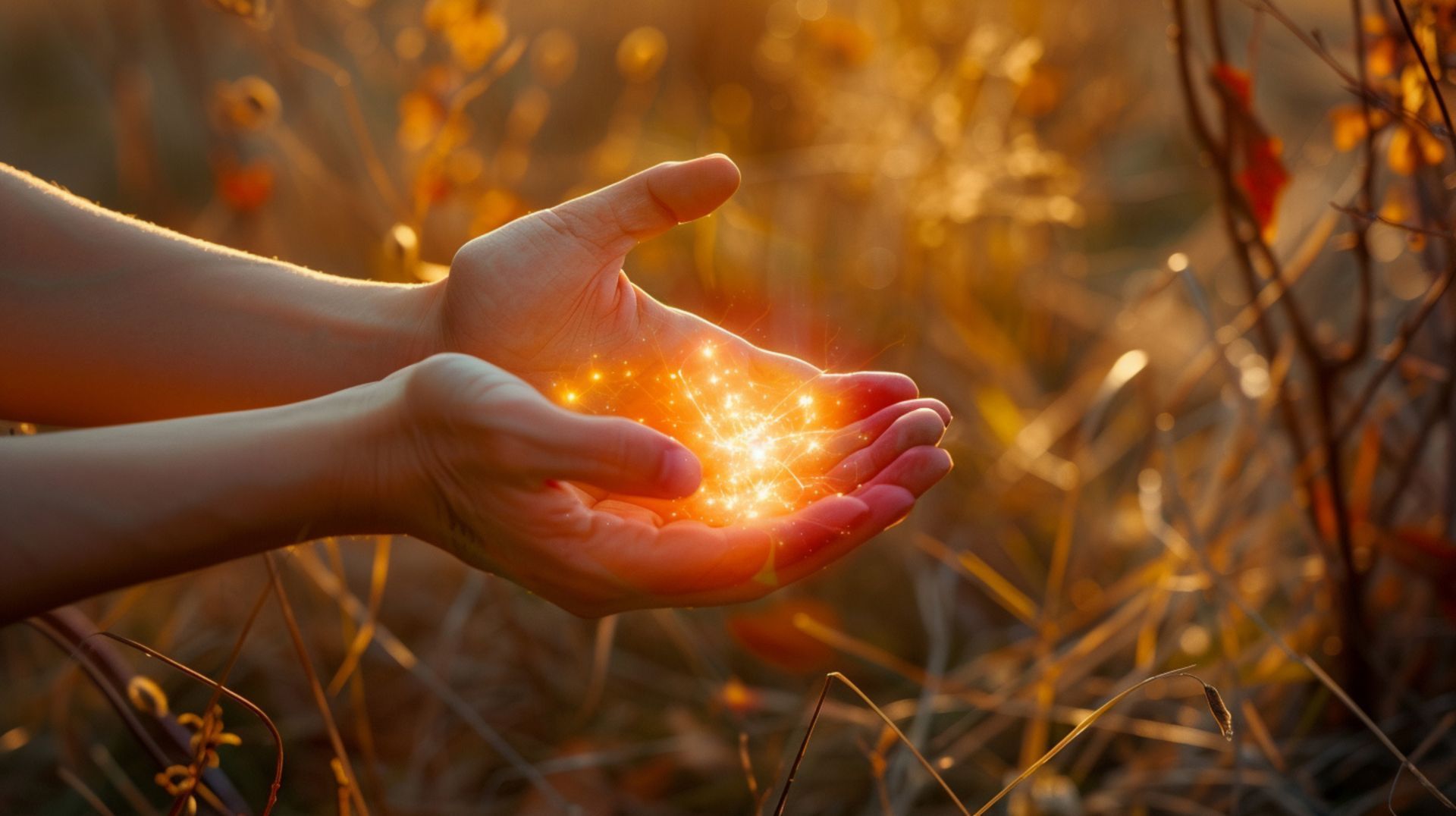 Des mains jointes tenant un amas scintillant d'étincelles dorées sur un fond ensoleillé au flou artistique.