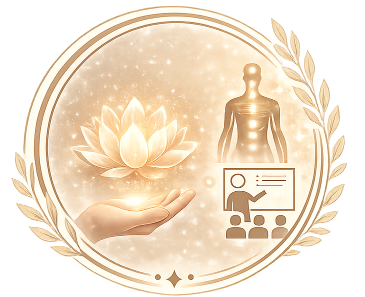 Un emblème circulaire doré représente une main tenant un lotus lumineux, la silhouette d'une personne et une personne devant un tableau et des élèves.