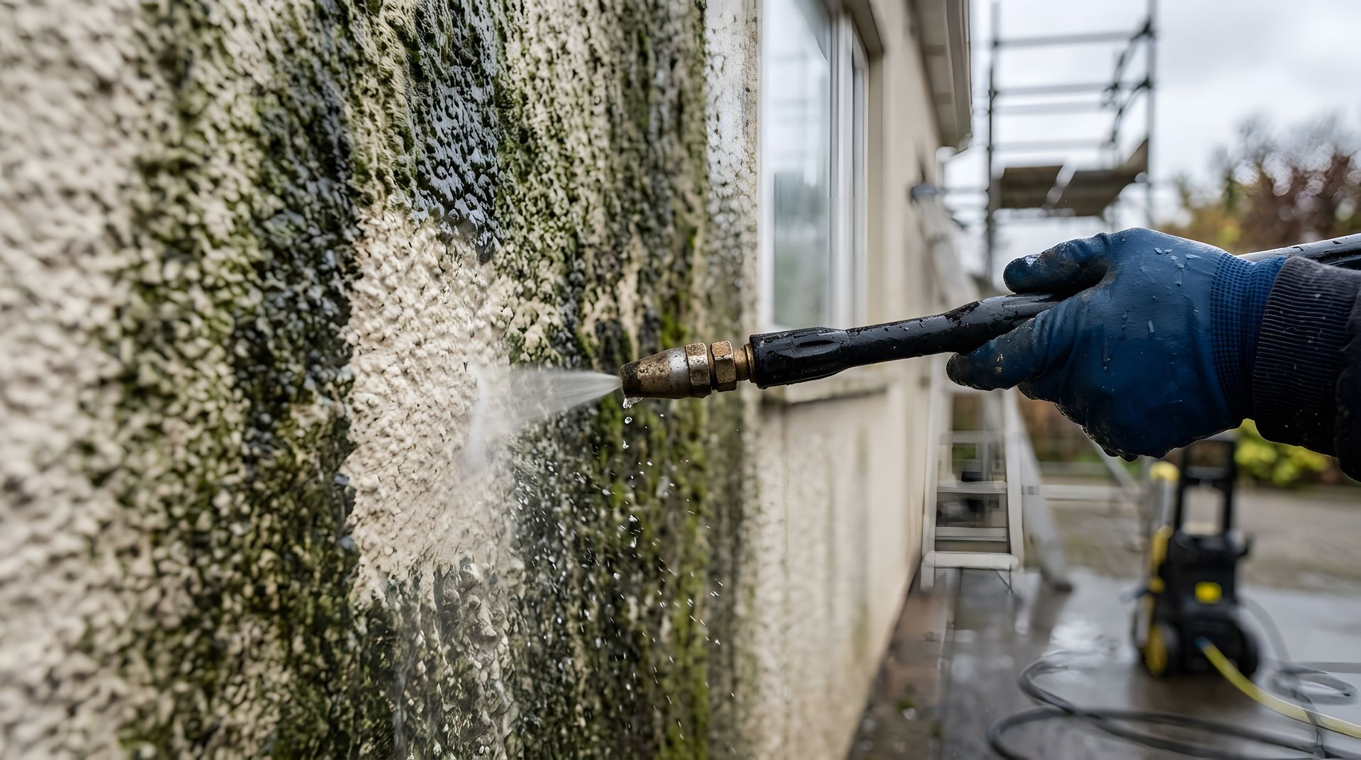 Un jet d'eau sur une façade sale.