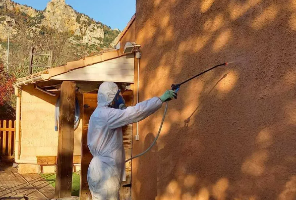 Un homme en blanc nettoie une façade.