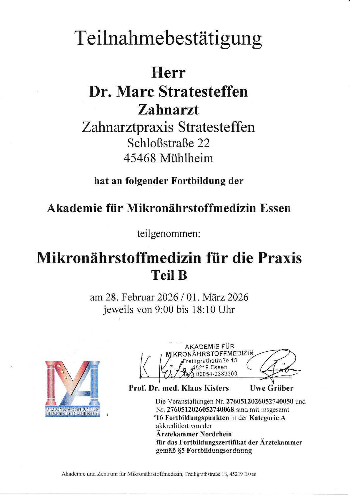 Teilnahmebescheinigung für Dr. Marc Stratesteffen für einen Kurs über Mikronährstoffmedizin an der Essen Academy.