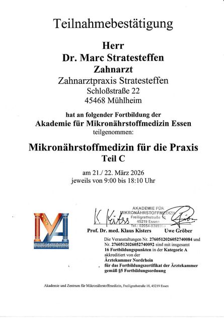 Teilnahmebescheinigung für Dr. Marc Stratesteffen an einem professionellen Fortbildungskurs über Mikronährstoffmedizin.