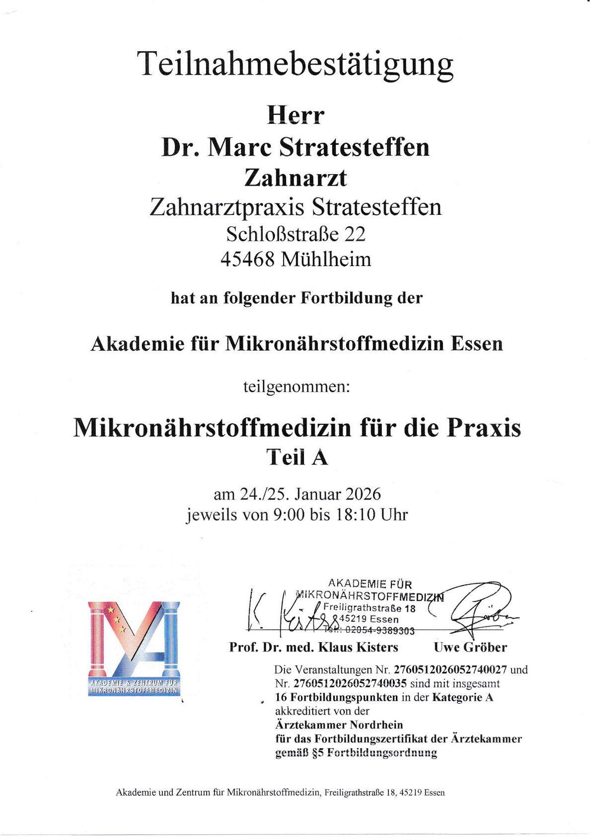 Teilnahmebescheinigung für Dr. Marc Stratesteffen für ein Seminar über Mikronährstoffmedizin vom 24. bis 25. Januar 2026.