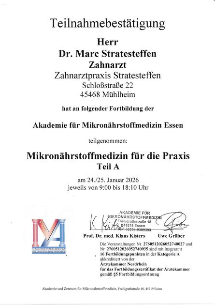 Teilnahmebescheinigung für Dr. Marc Stratesteffen für ein Seminar über Mikronährstoffmedizin vom 24. bis 25. Januar 2026.