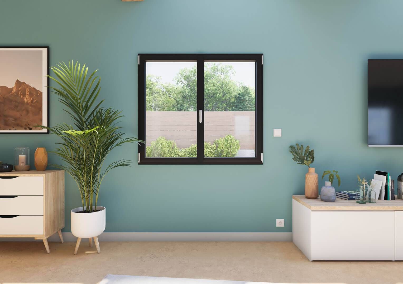 Salon minimaliste avec murs turquoise, fenêtre à cadre noir, meubles blancs et télévision murale